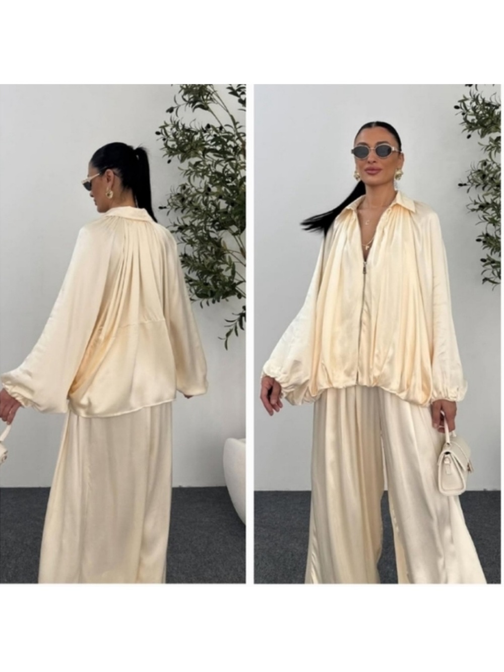 Zara Satin Bomber Bubble Voluminous Satin Puffed Cream Ivory Jacket size medium - Picture 4 of 16